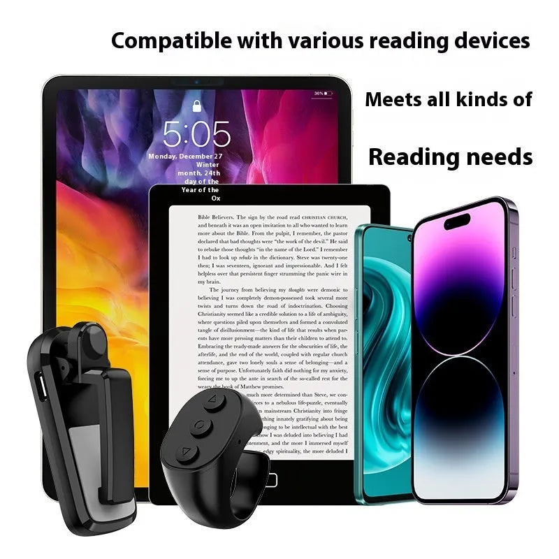 Smart wireless page turner remote control with clicker units in black, white, and pink colour options.