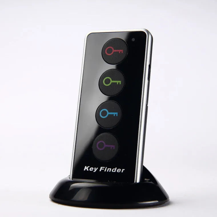 Wireless key locator one-to-four system with black emitter and four receivers, 40 metre range