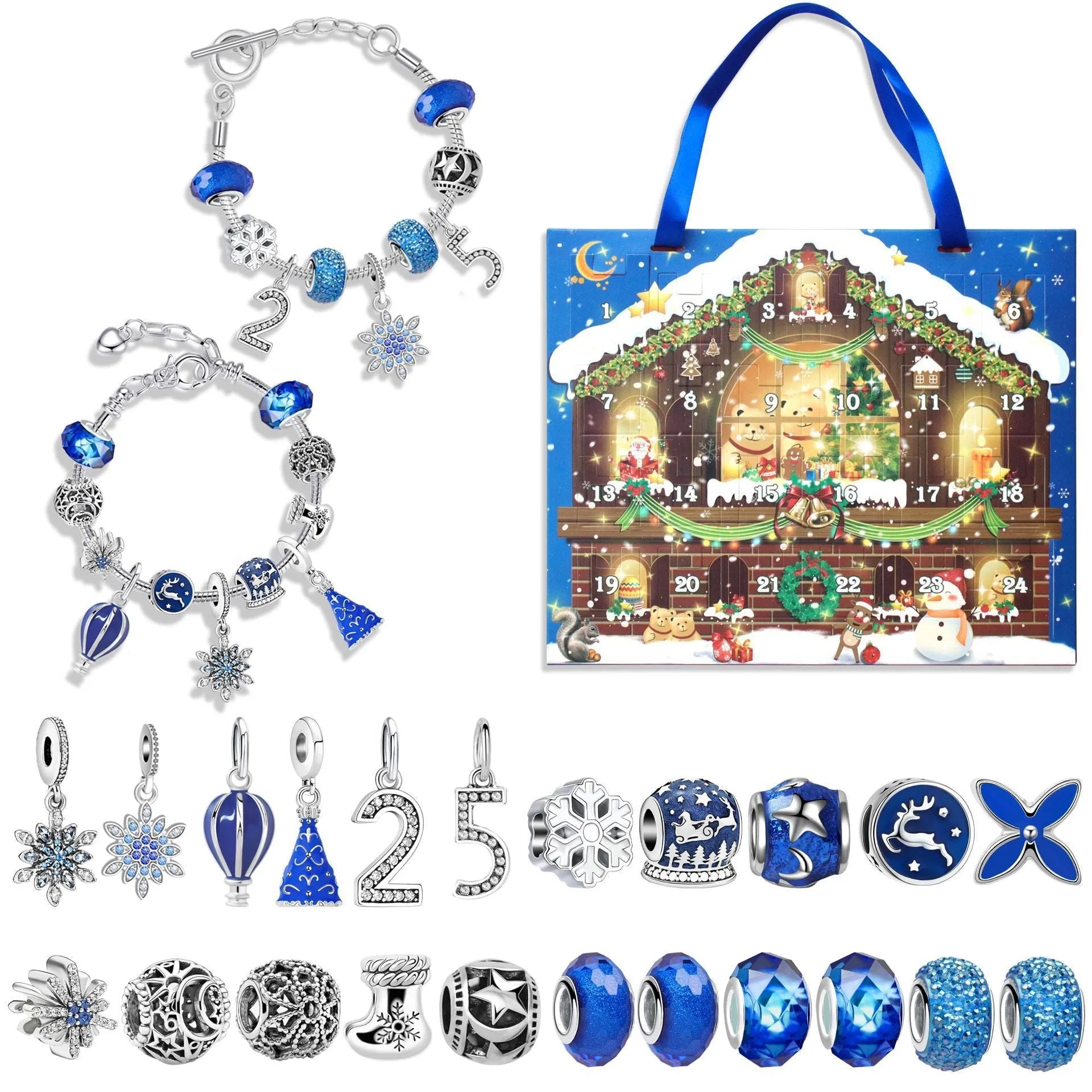 24 grid Christmas advent calendar in blue with flip doors and zinc alloy bracelet blind boxes