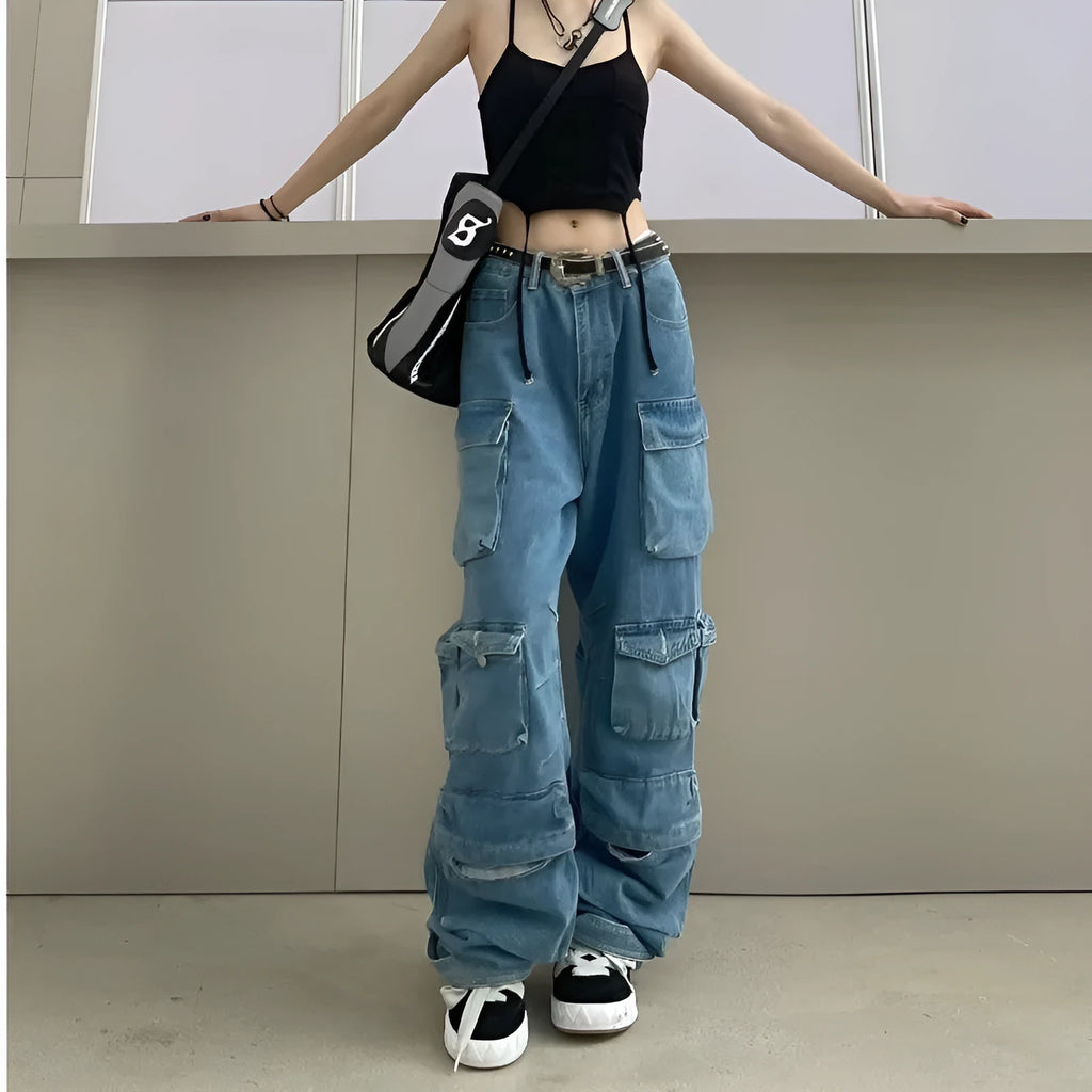 Women's high waist wide leg trousers with tie-dyed pattern and multiple pockets
