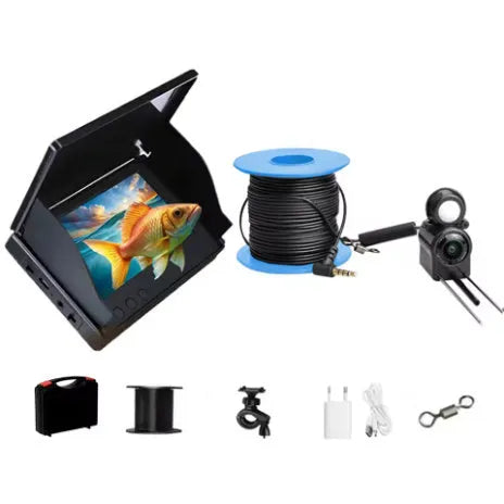Underwater fish finder camera with 4.3-inch screen, wide-angle lens, and temperature sensor on a fishing boat.
