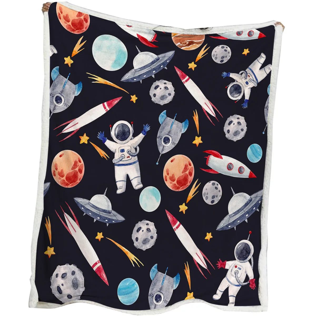 Black astronaut themed sherpa fleece blanket with hemmed edges, available in 130x150cm and 150x200cm sizes.