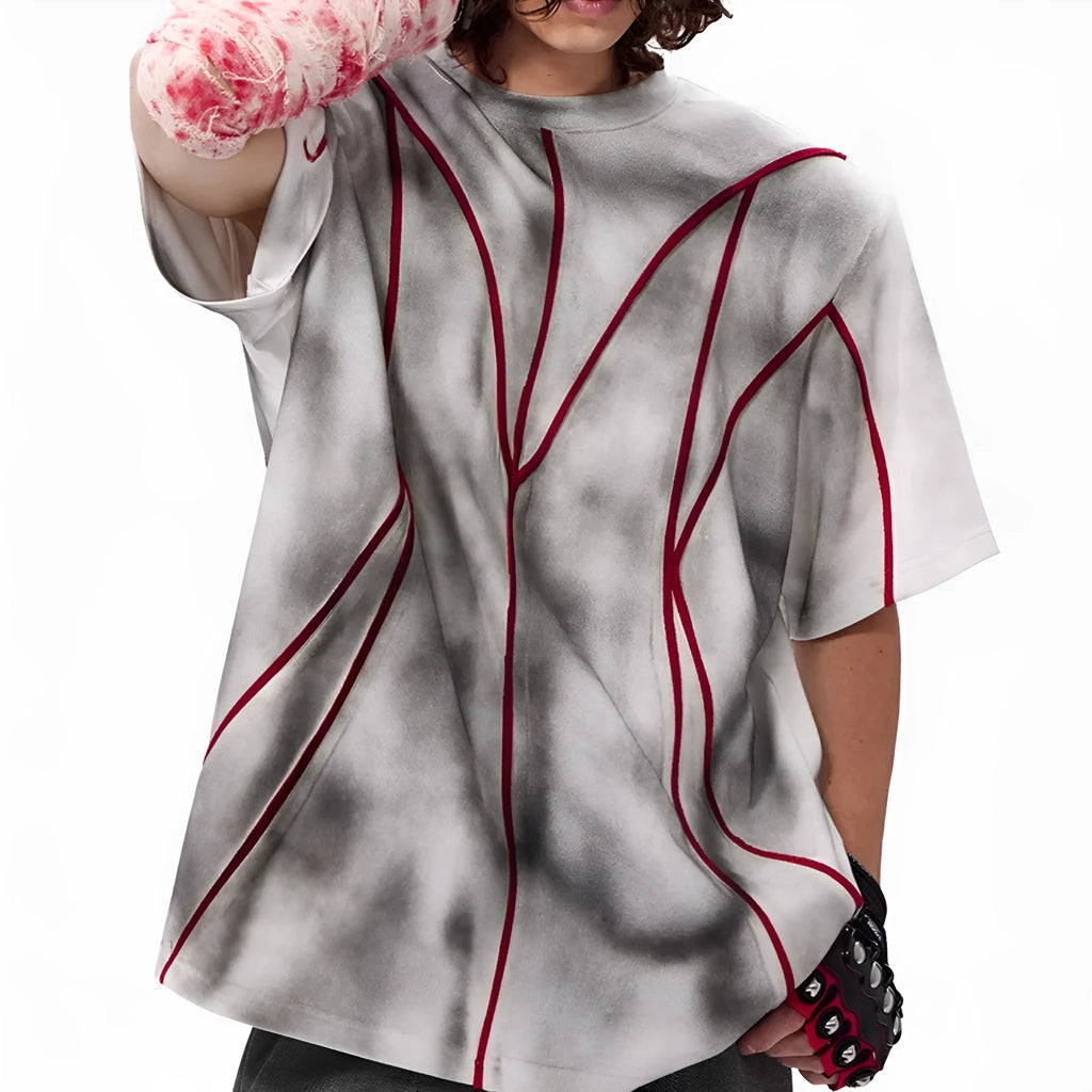 Women's padded shoulder T-shirt with three-dimensional patchwork design on short sleeves