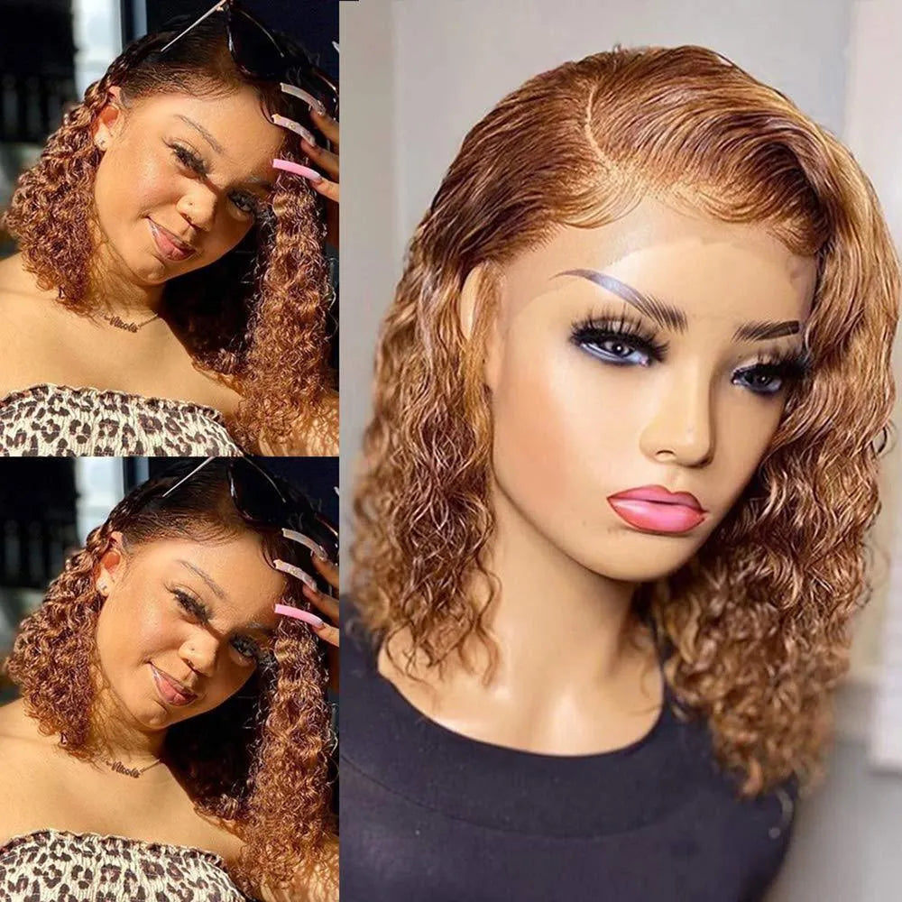 Short curly honey blonde bob wig with long bangs for women, light brown colour