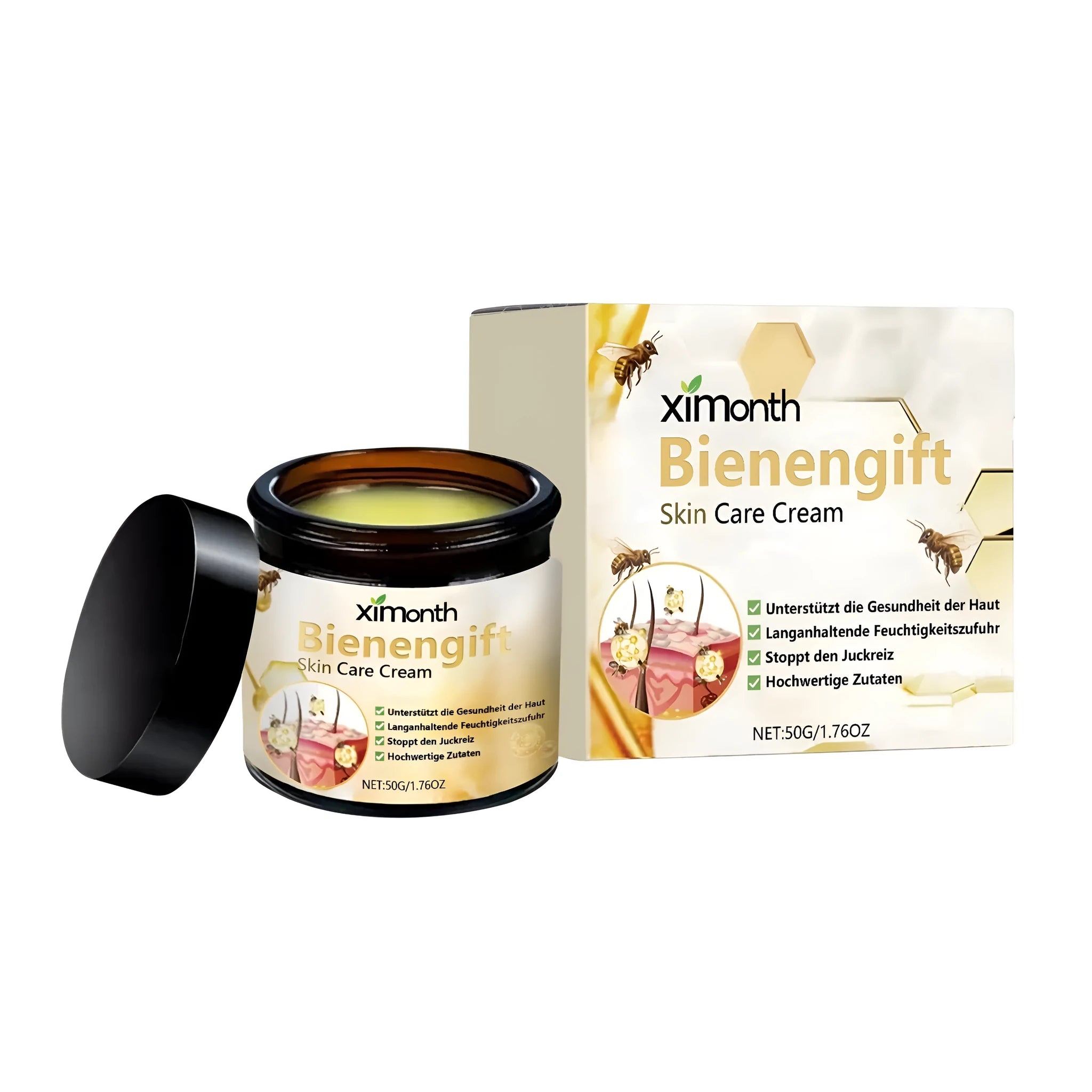 50g jar of skin care cream with natural ingredients mint, bee venom, tea tree oil, licorice, and shea butter.