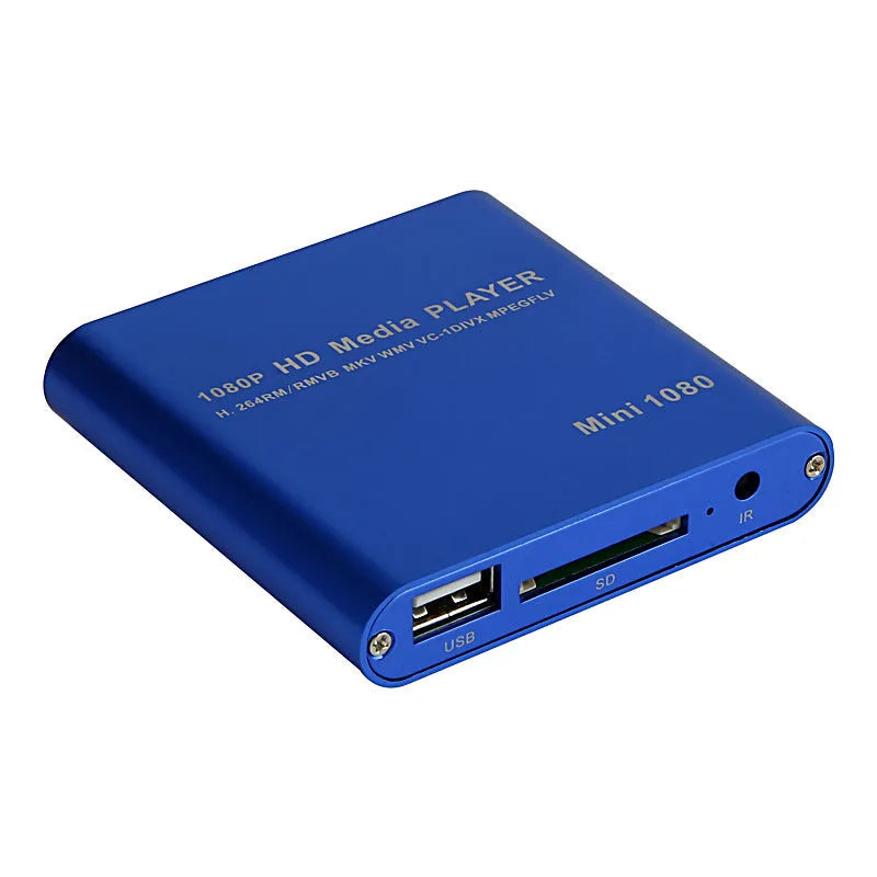 Compact black 1080P HDMI media player with USB and SD card slots