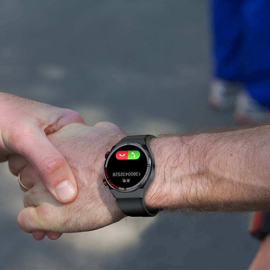 Black Bluetooth smartwatch with genuine leather strap and rotary key on a 1.3-inch screen