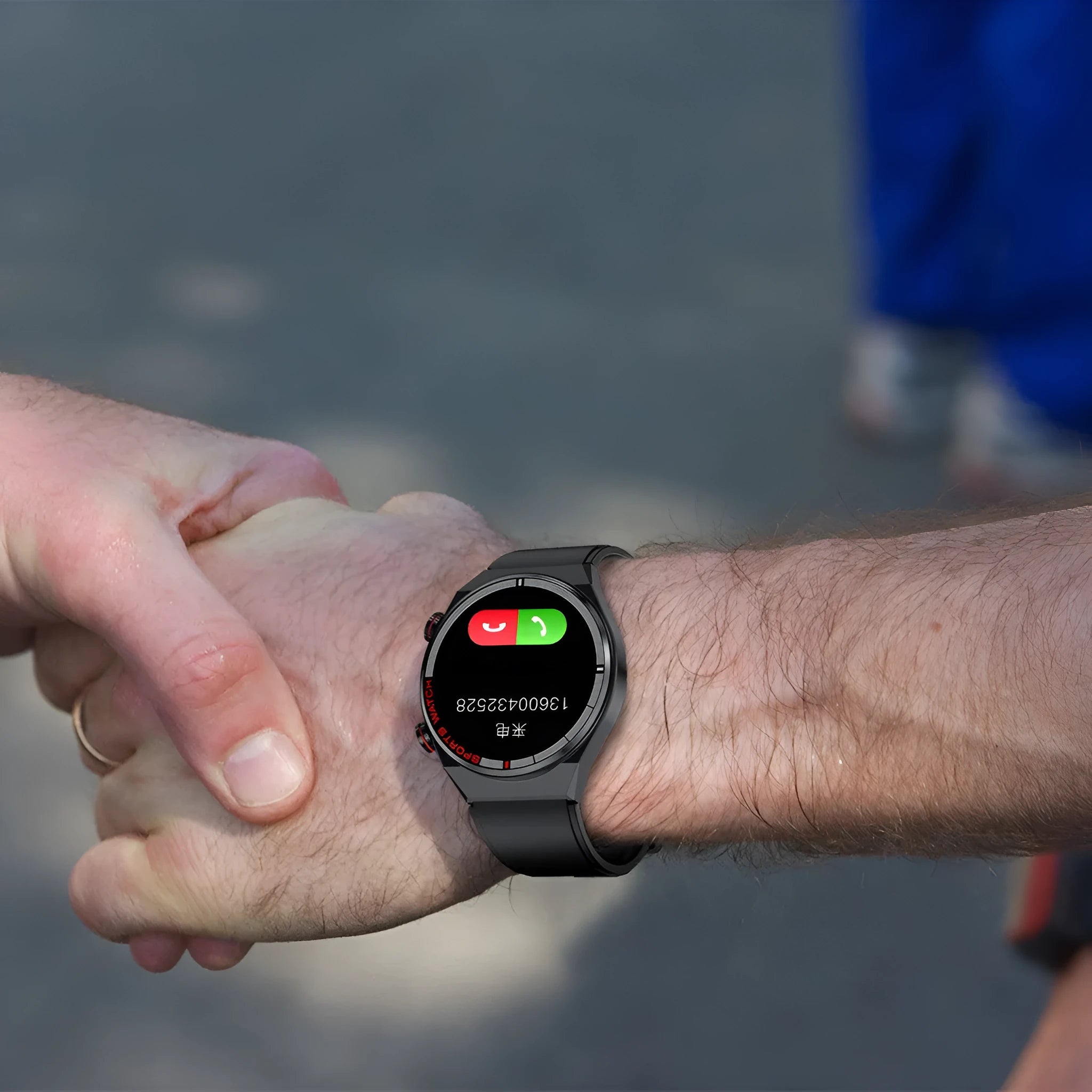 Black Bluetooth smartwatch with genuine leather strap and rotary key on a 1.3-inch screen
