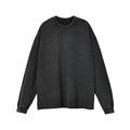 Black pure cotton long-sleeved T-shirt with distressed retro detailing, loose fit and 65cm mid-length.