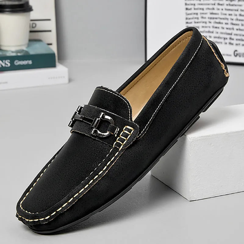 Men's brown casual leather shoes with rounded toe and rubber sole