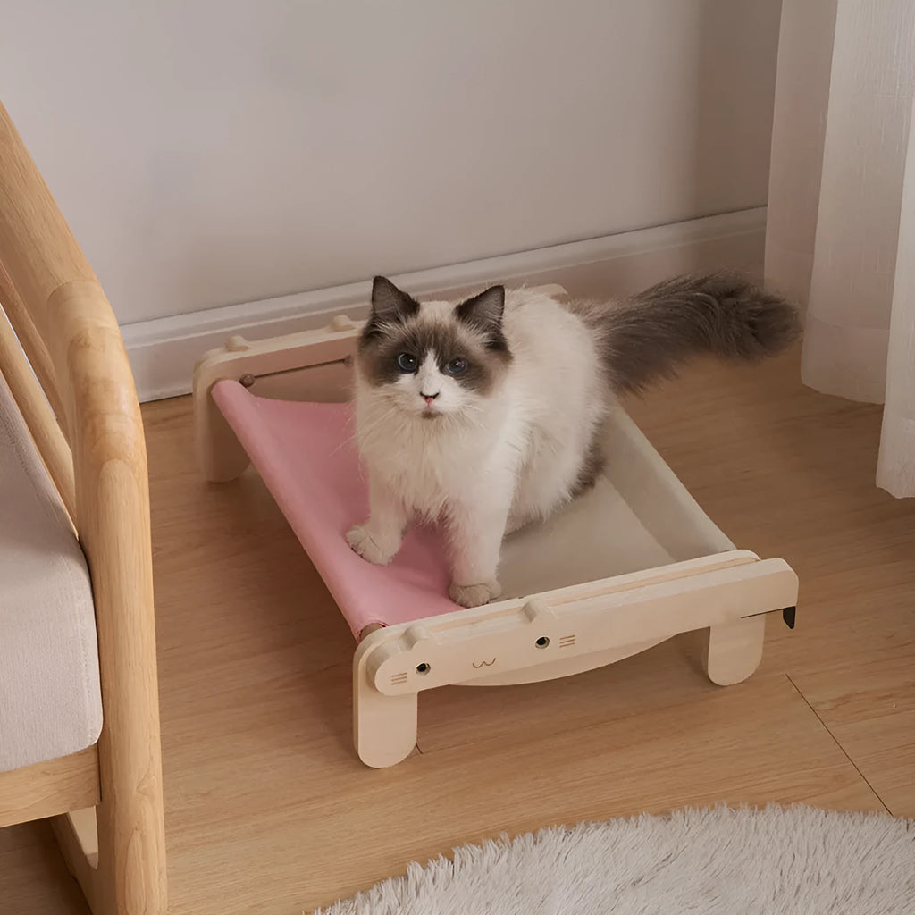 Solid wood cat bed with removable cushion in grey pink colour option