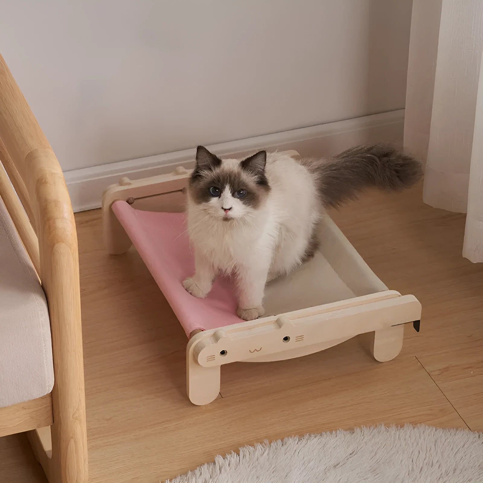 Solid wood cat bed with removable cushion in grey pink colour option