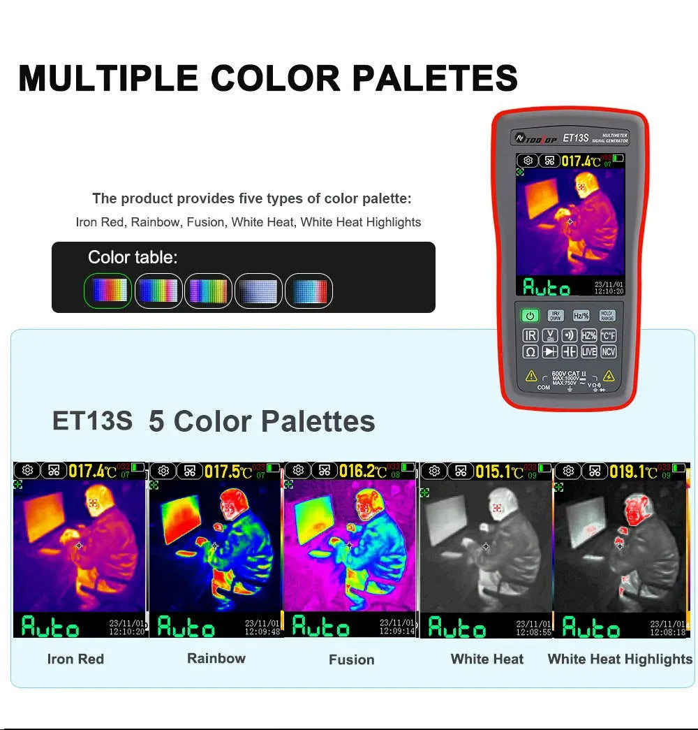 ET13S thermal imaging multimeter showing 2.8-inch touch screen display and compact handheld design