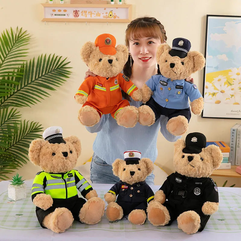 Fire Bear Police teddy doll plush toy in orange design showing 30cm height