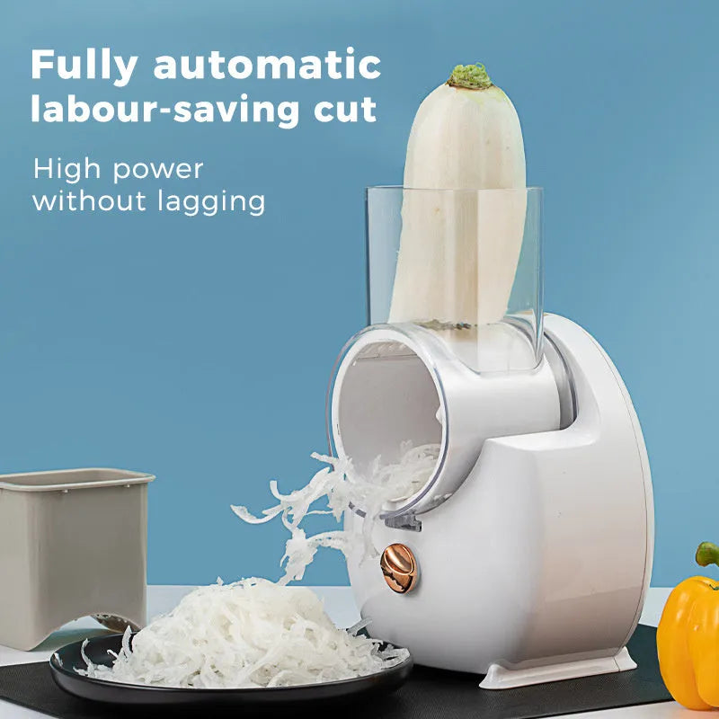 White electric vegetable slicer with rotary grater mechanism and suction base