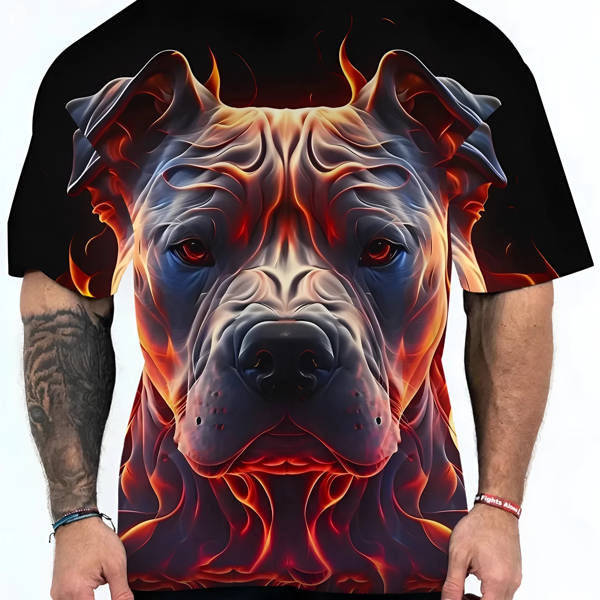 Men's grey T-shirt with a detailed digital print of dog head animal camouflage pattern on the front.