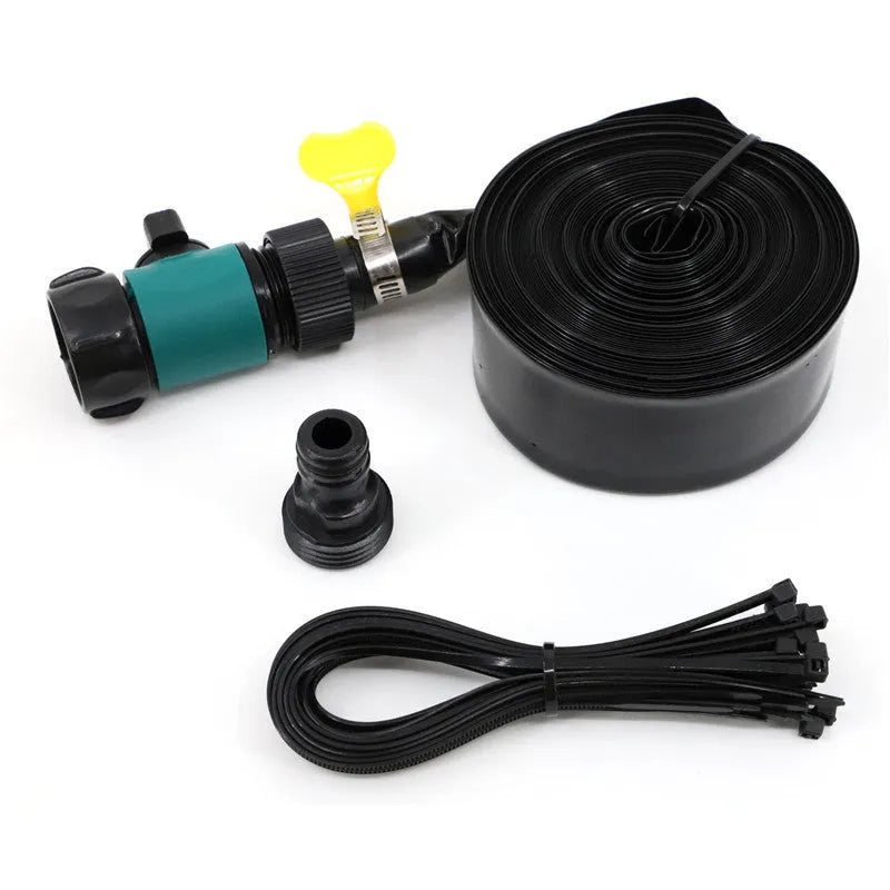 Blue or orange portable PVC garden sprinkler with hose on grass.