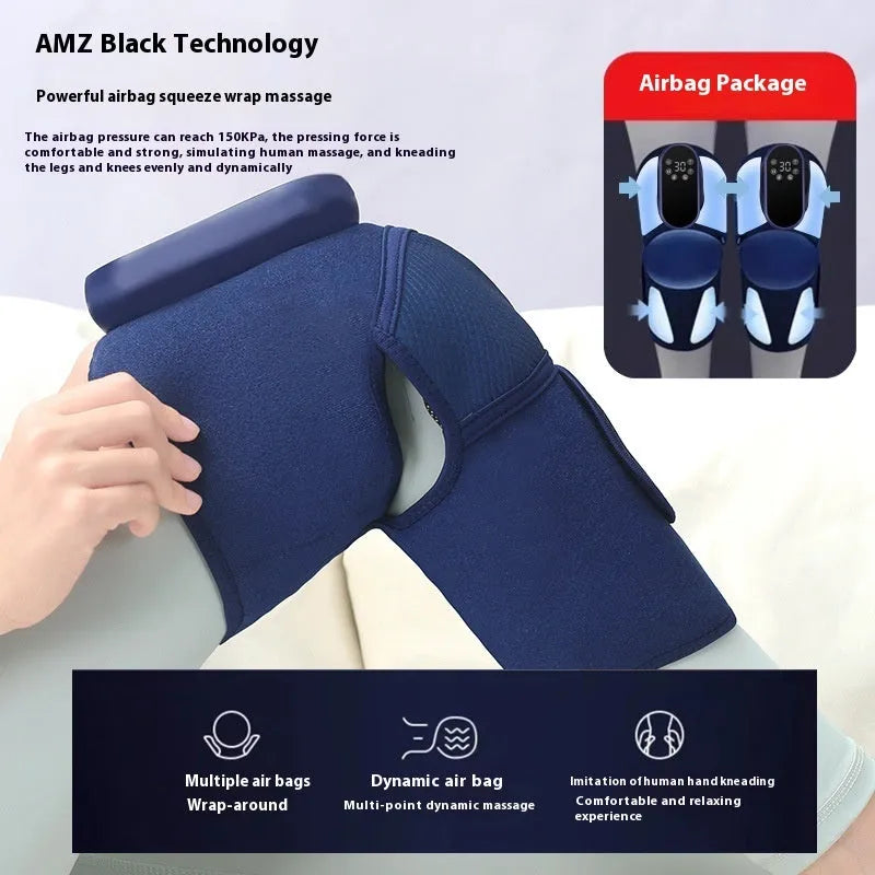 Airbag blue self-heating knee massager with adjustable wrap showing air pressure chambers