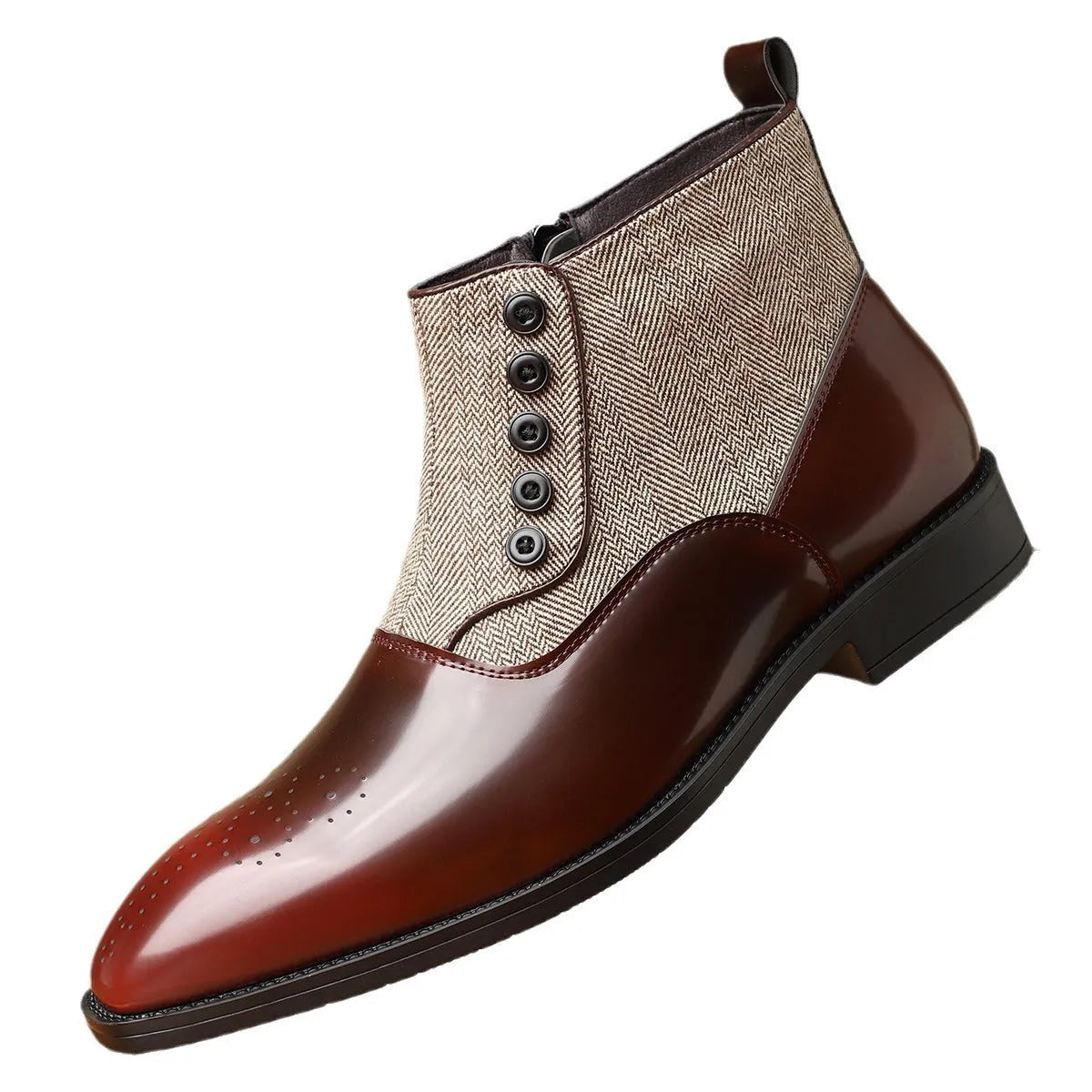 Men's brown retro formal leather shoes with side zipper and square toe on a plain background.