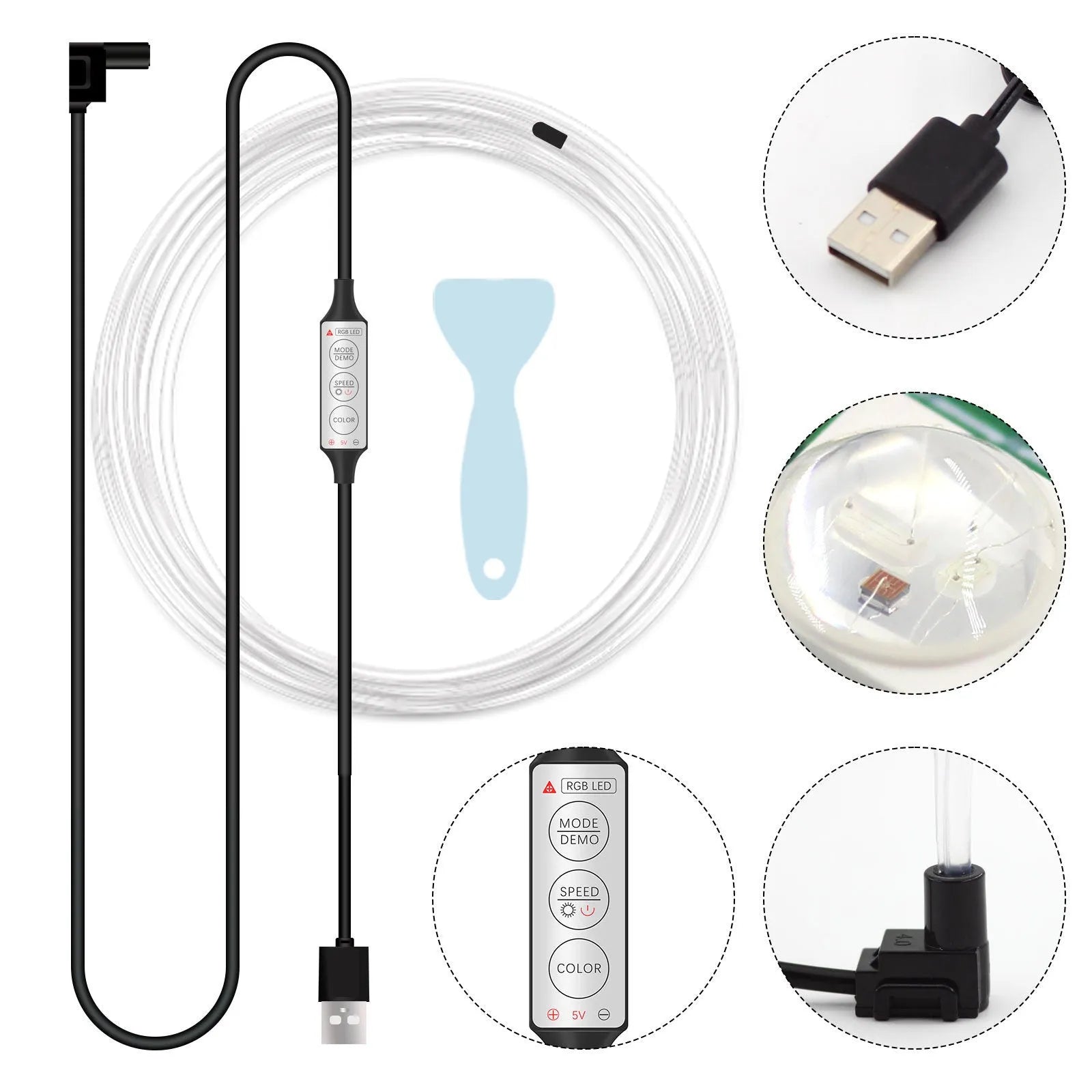 RGB car interior LED light strip with USB power cable and manual controller for colour selection