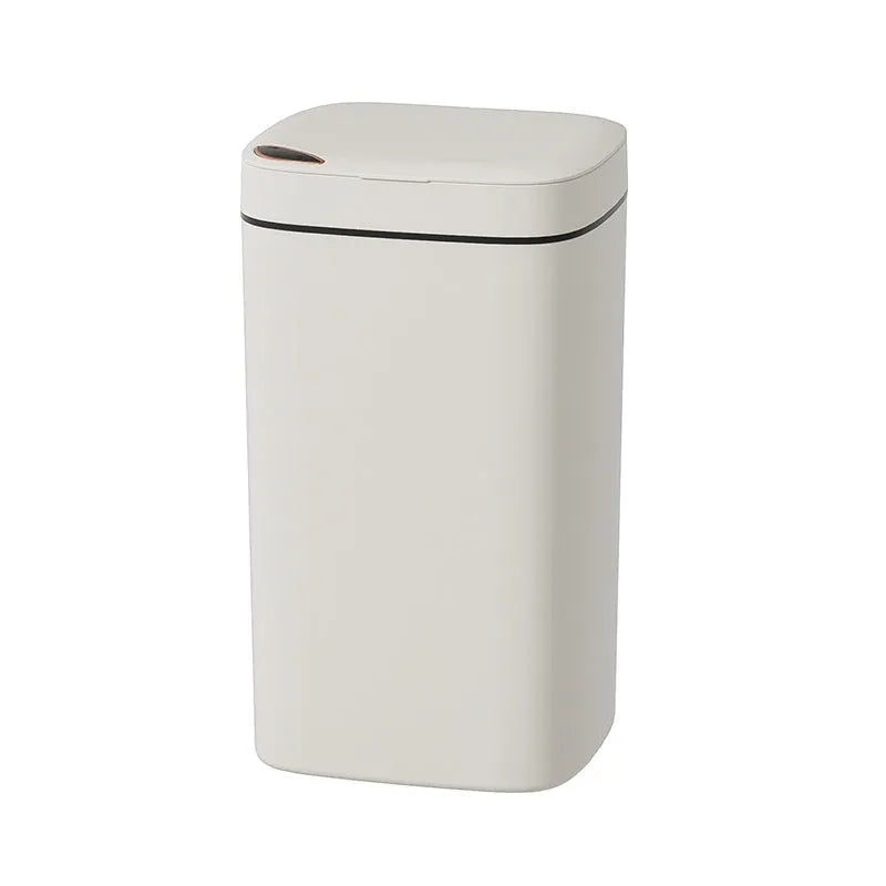 Square automatic induction rubbish bin with touch-free opening lid in milky white colour