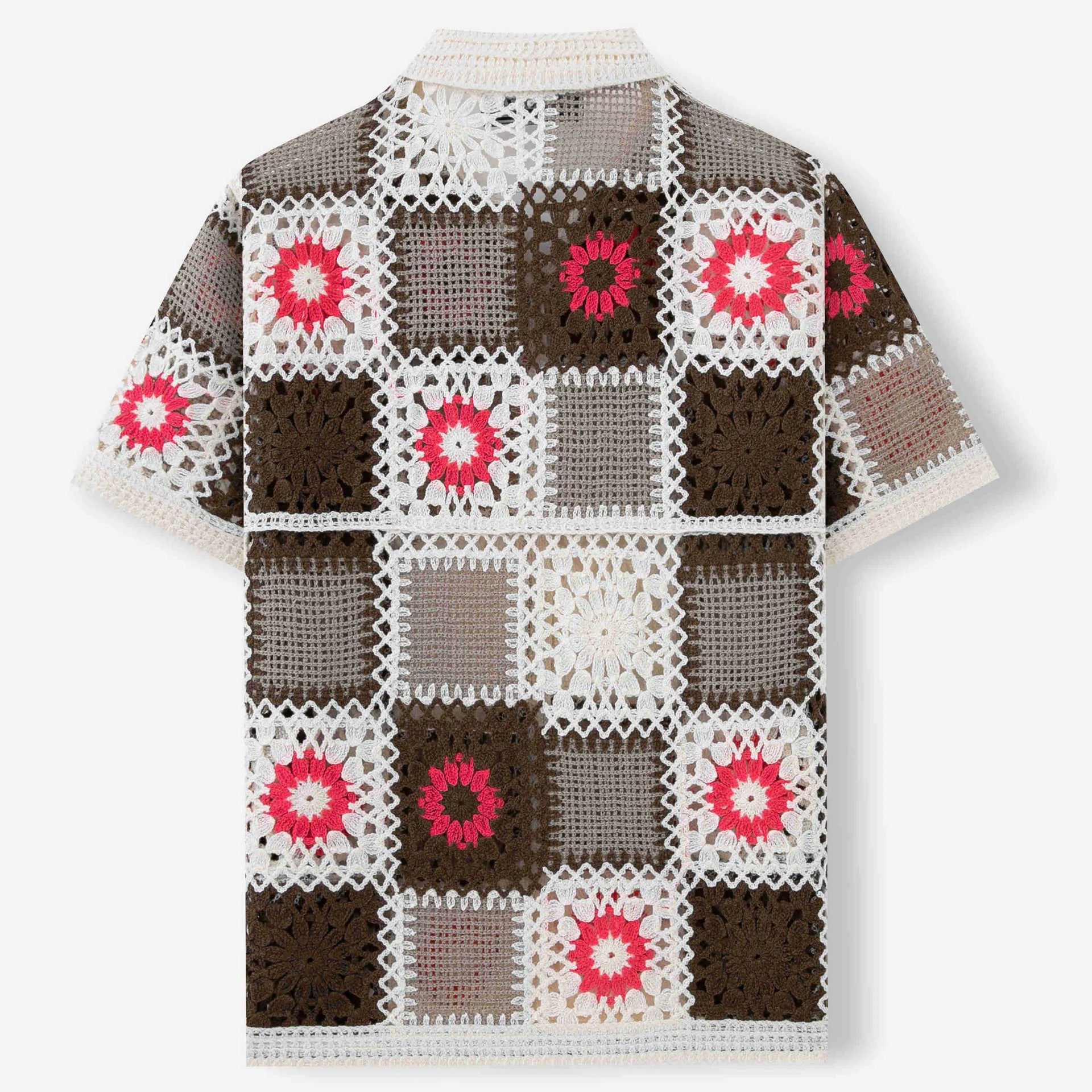 White crochet sweater dress with retro ethnic hollow pattern and short sleeves