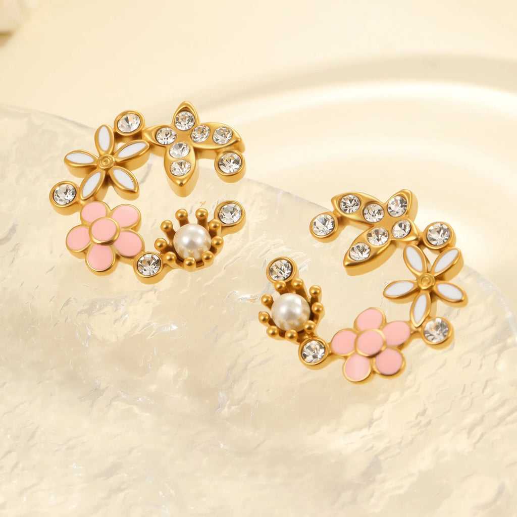 Flower stud earrings with petal design and colourful electroplating on stainless steel with 18K gold plating