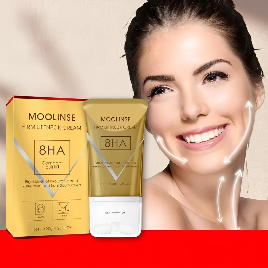Neck moisturising cream jar with a separate neck roller applicator on a plain background.