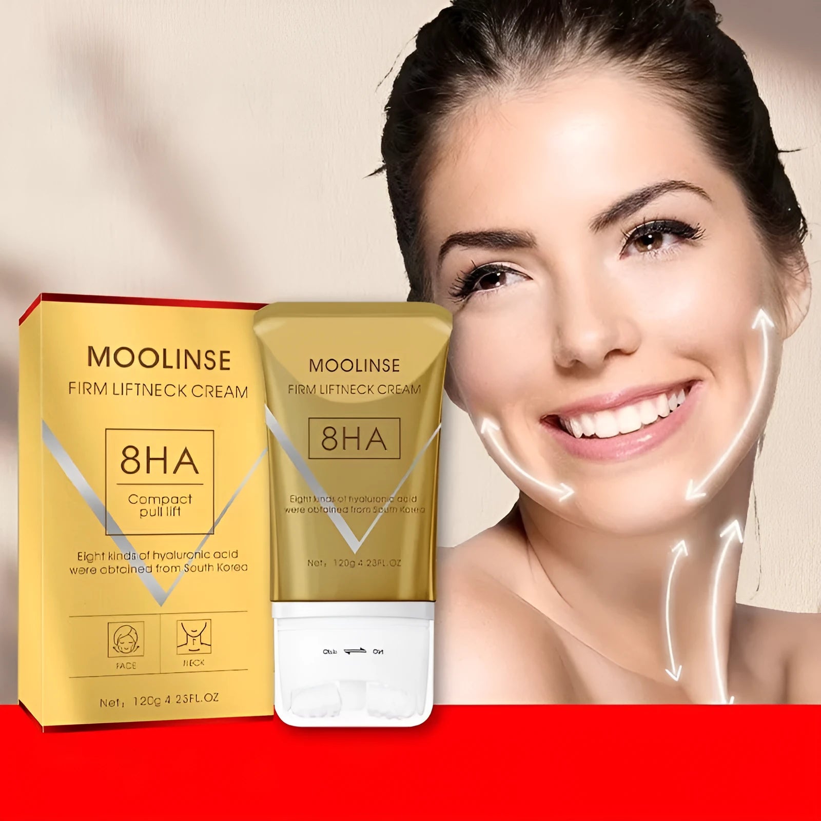 Neck moisturising cream jar with a separate neck roller applicator on a plain background.