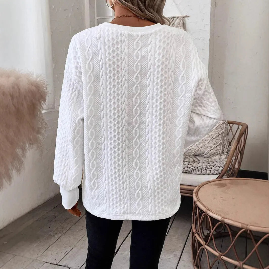 Loose fit milky white long sleeve T-shirt with casual styling and 3D pattern detailing