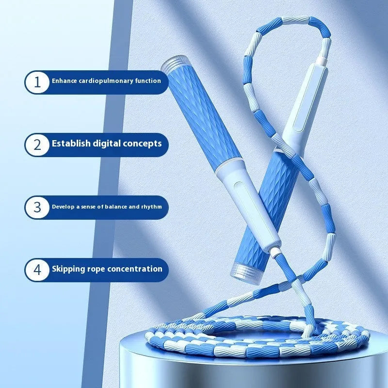 Children's soft bamboo bead skipping rope in blue with 2.8 metre length and non-knotted PP construction
