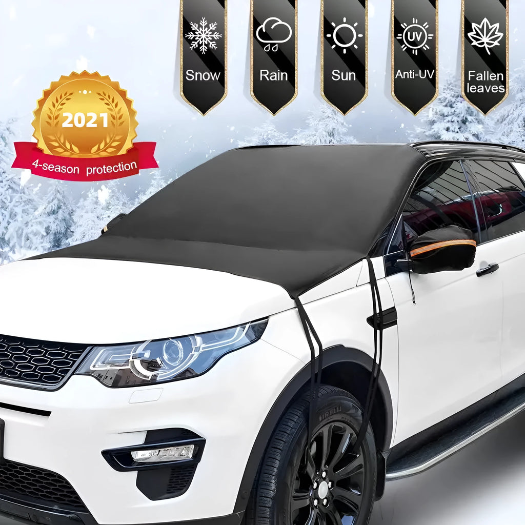Black 210T polyester car windshield snow cover with six elastic bands, 205x150cm, for outdoor parking