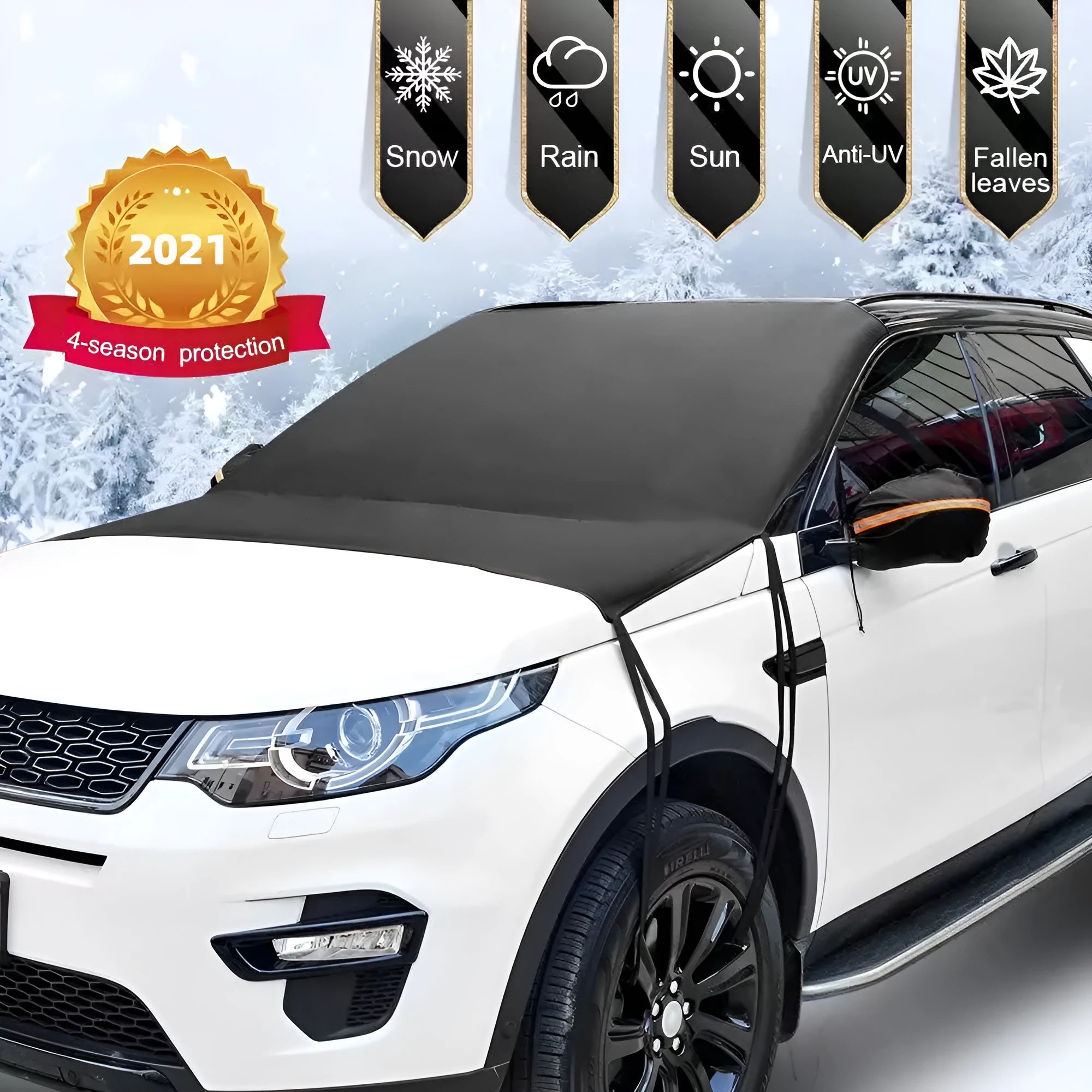 Black 210T polyester car windshield snow cover with six elastic bands, 205x150cm, for outdoor parking
