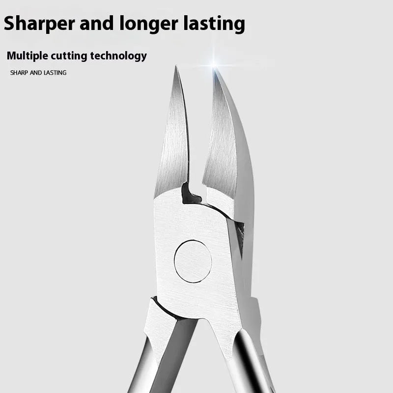 Specialised olecranon nail groove clippers with bevelled blades and a plastic stainless steel handle.