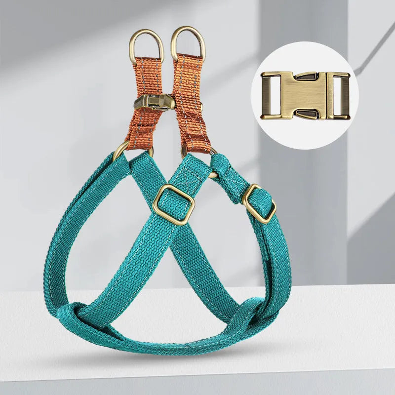 Brown vest-style dog leash showing cotton belt construction with alloy fastener