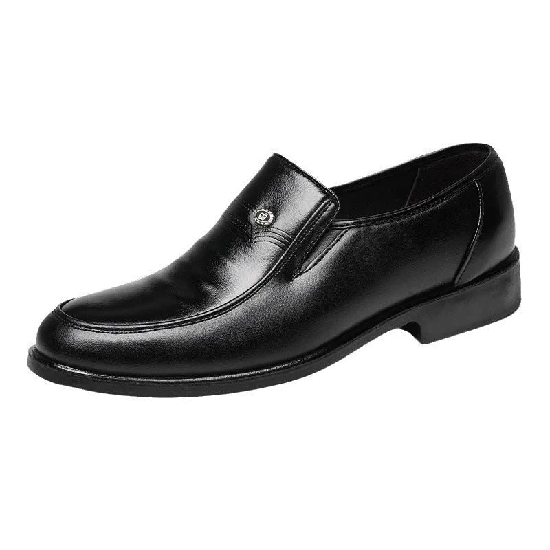 Men's black and brown plus size casual leather shoes with rubber soles showing leather toe holder detail
