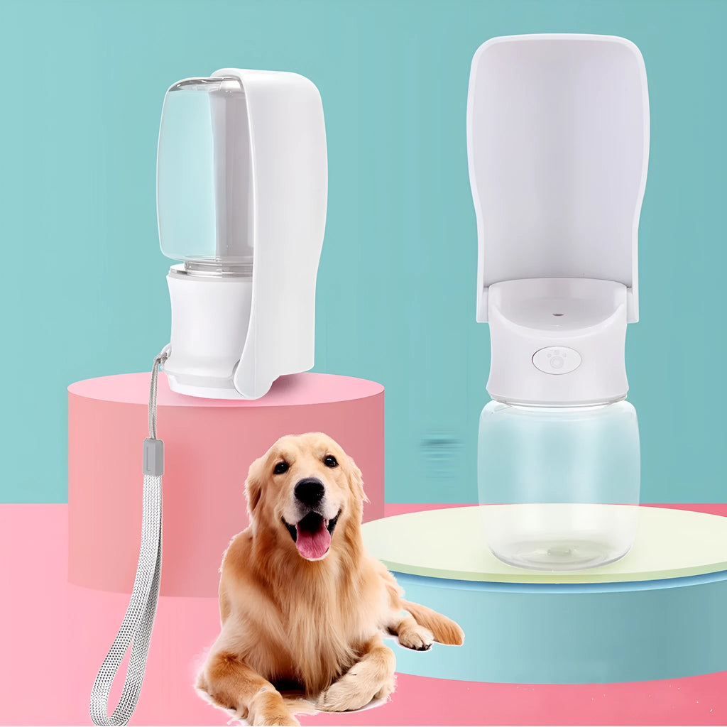 Foldable plastic dog water bottle in blue, pink or white with 350ml or 550ml capacity options