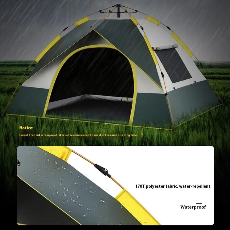 Dark green automatic quick-open dome tent for 3-4 people pitched in an outdoor setting.