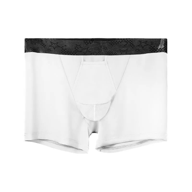 Men's solid colour ice silk nylon boxer shorts on a mid-waist, shown in multiple colour options.