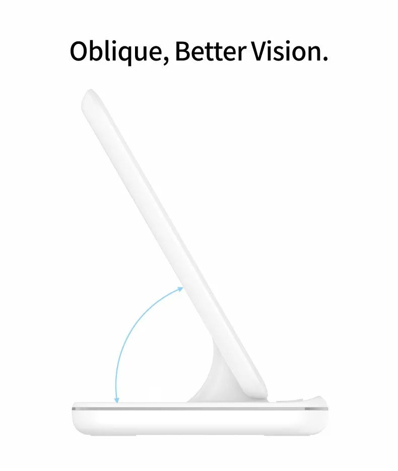 White three-in-one wireless charging station for phone, watch and headset on desktop