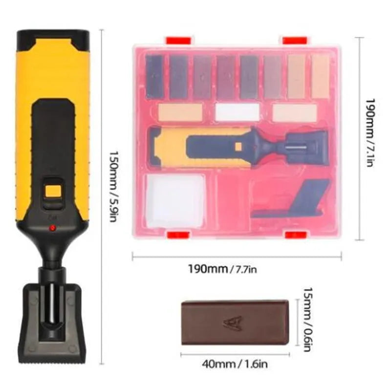 Floor repair tool kit with plastic handles and wax sticks for tile restoration