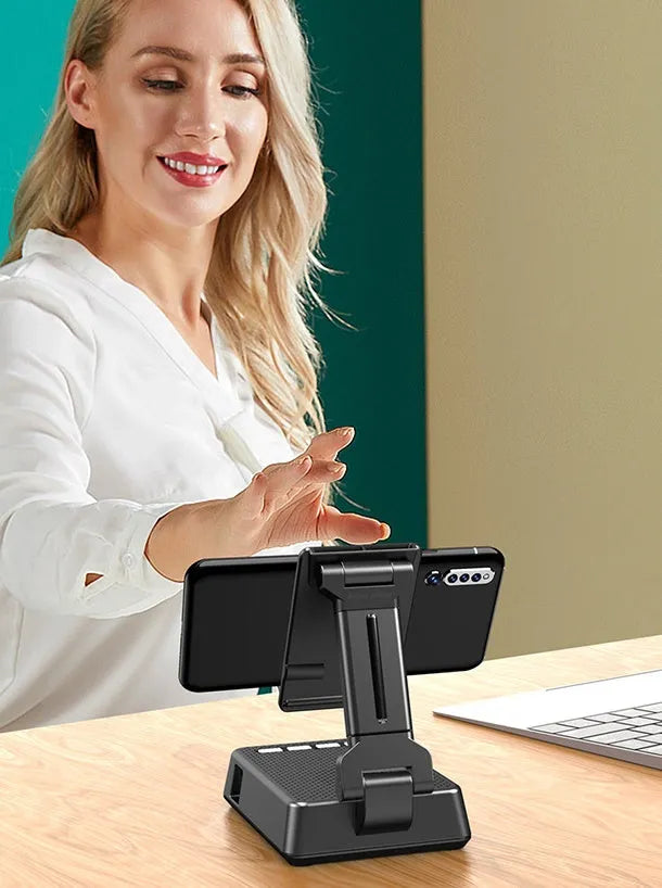 Black mobile phone desk stand with integrated Bluetooth speaker and microphone for live streaming