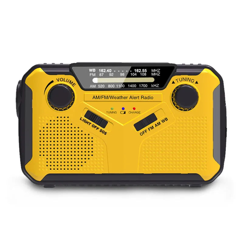 Yellow weather forecast solar emergency radio with solar panel, hand crank, and multi-band tuning