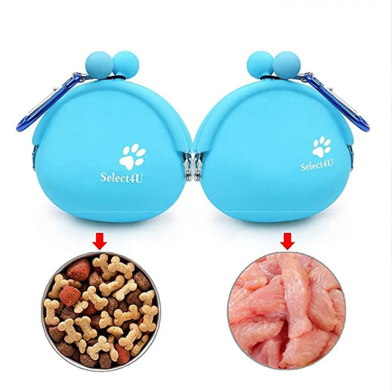 Yellow silicone dog treat pouch with hook and loop closure on a waist belt for portable training treat storage