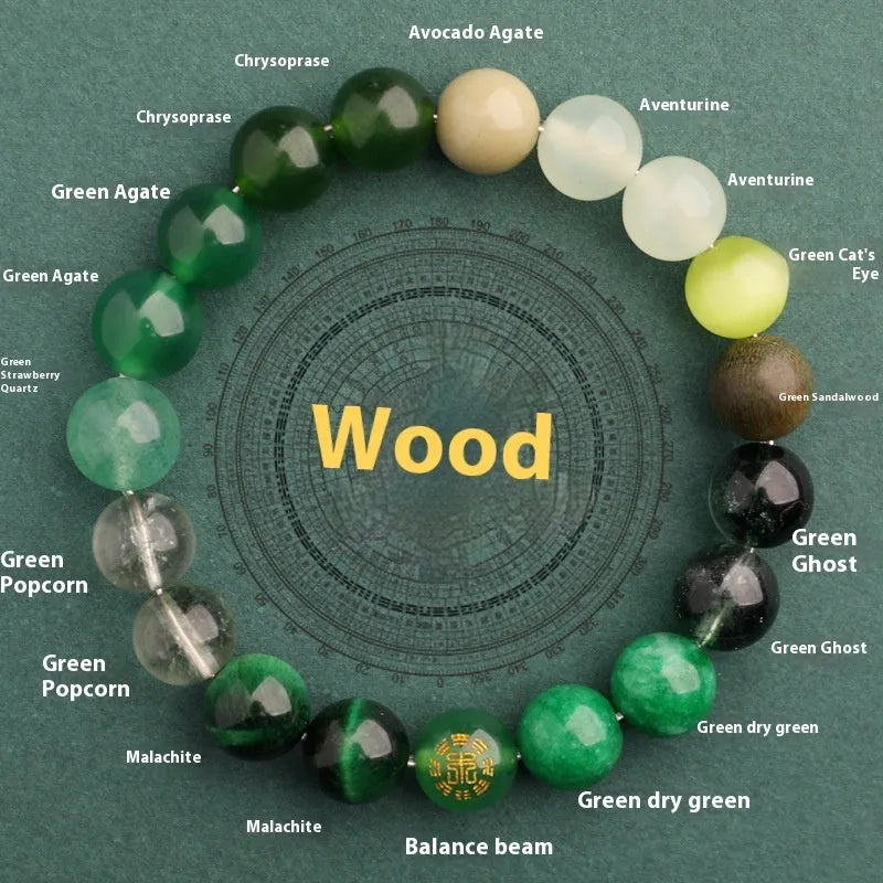 Green agate balance energy bracelet with natural crystal beads in five elemental colours