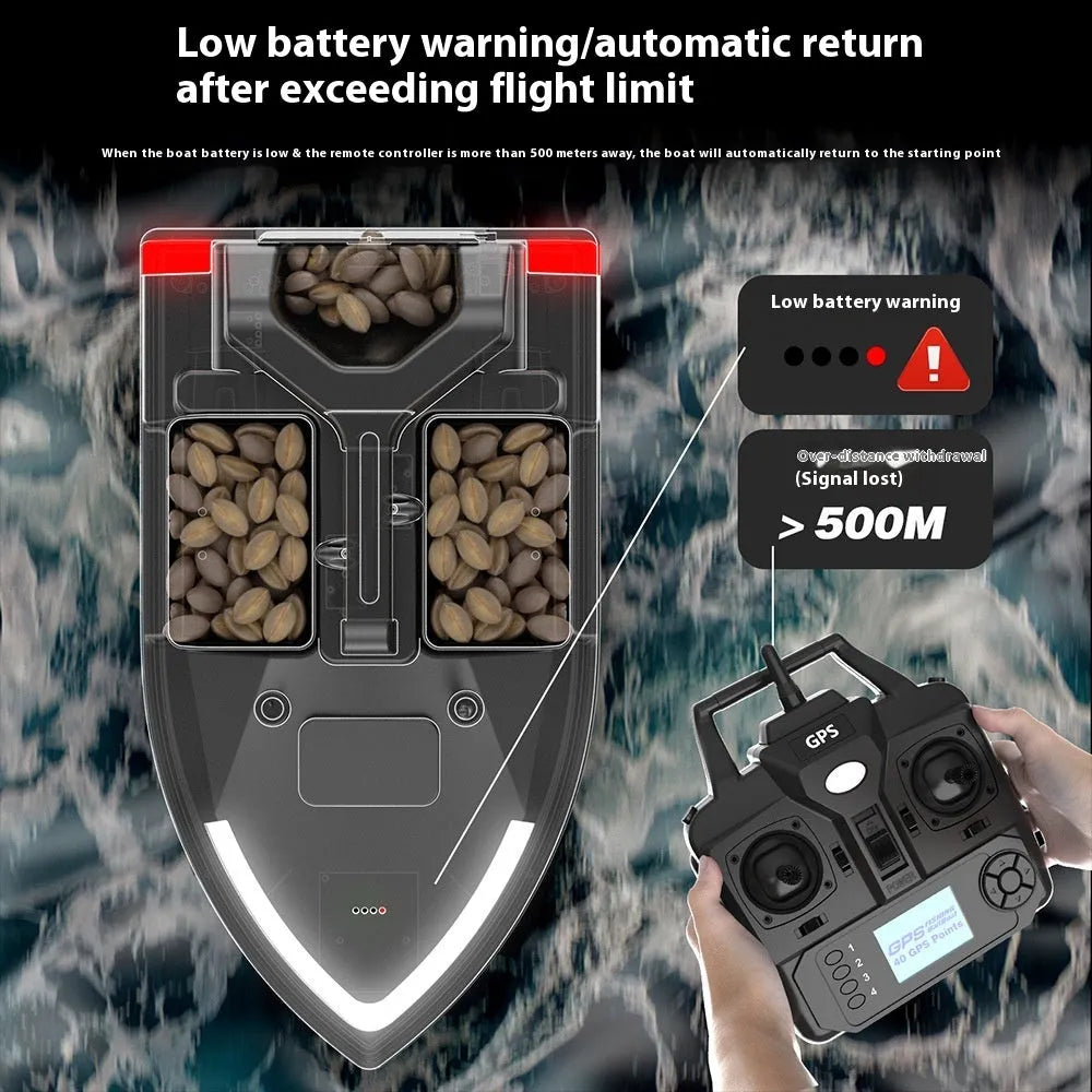V020 GPS remote control fishing boat in luminous yellow on water, showing remote control with display.