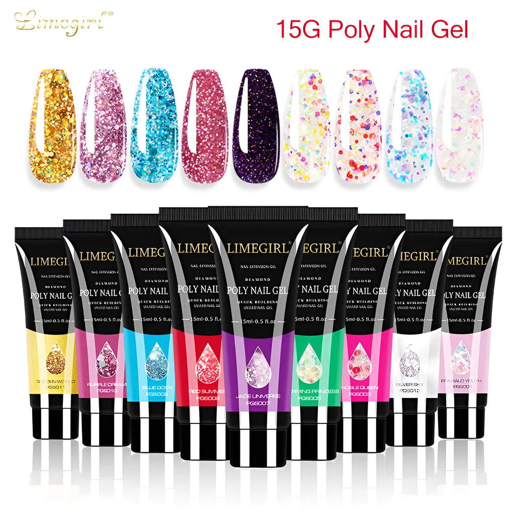 Twelve pots of glitter extension gel in colours 001 through 012, each 15ml, on a white background