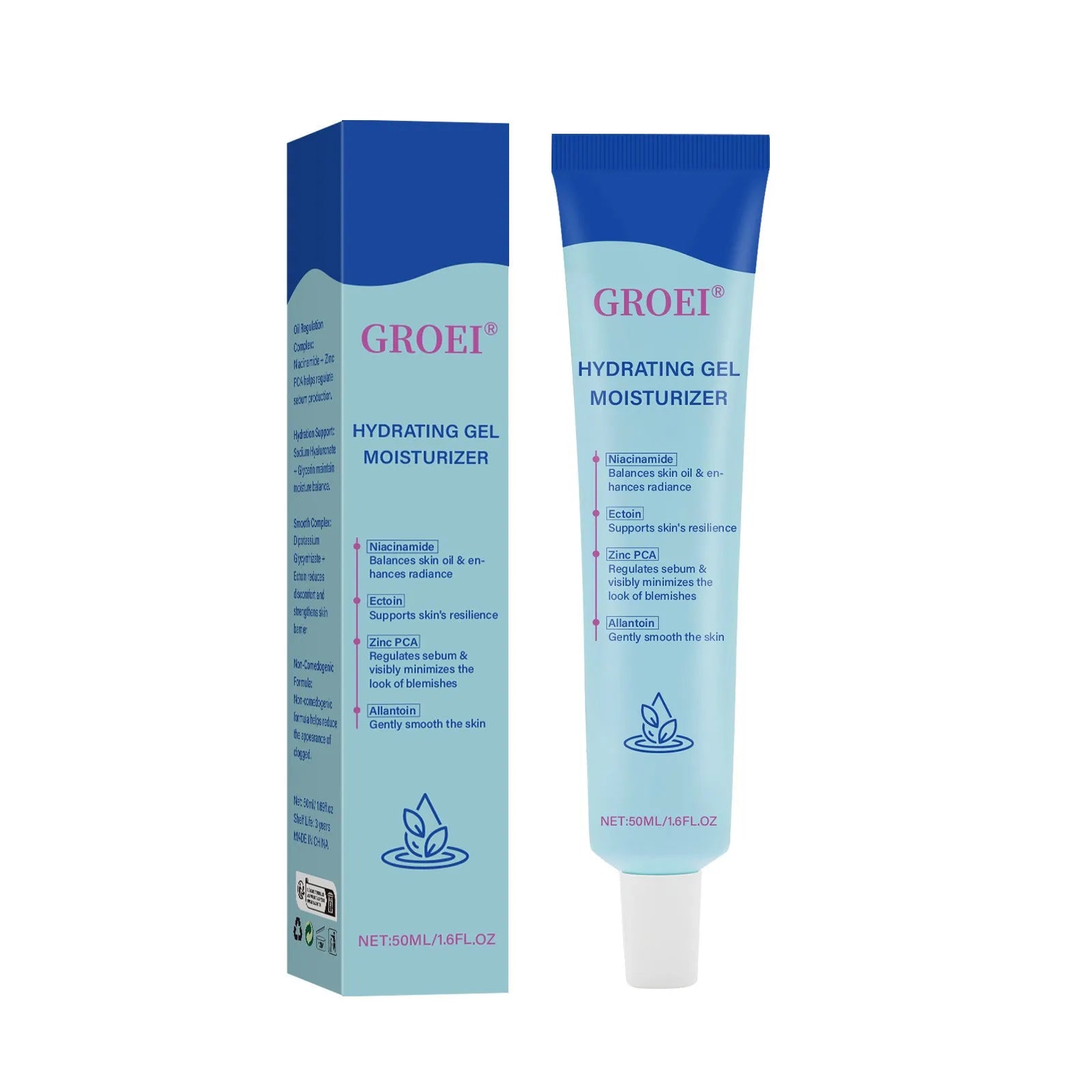 50ml moisturising facial gel with hyaluronic acid in container