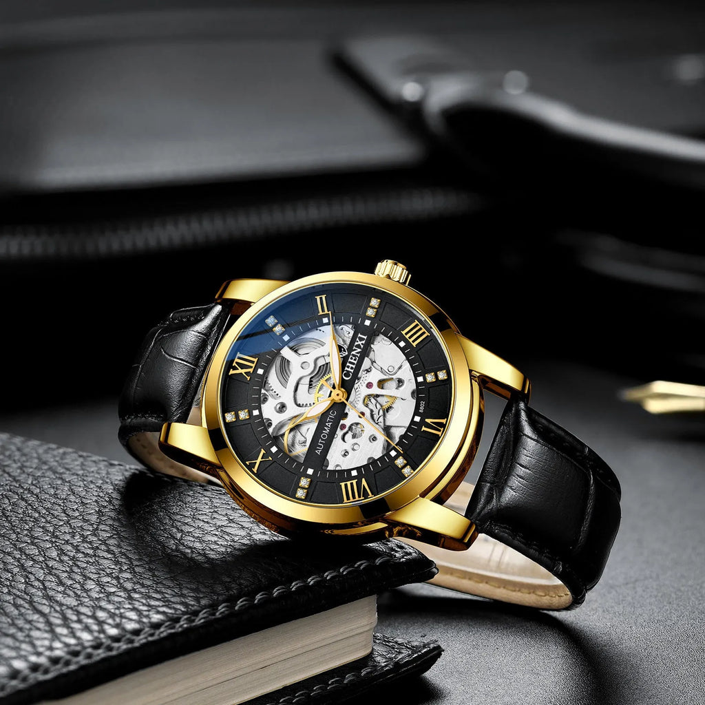 Hollow automatic mechanical watch with belt strap, black shell and black surface, 13mm thickness, business style for men