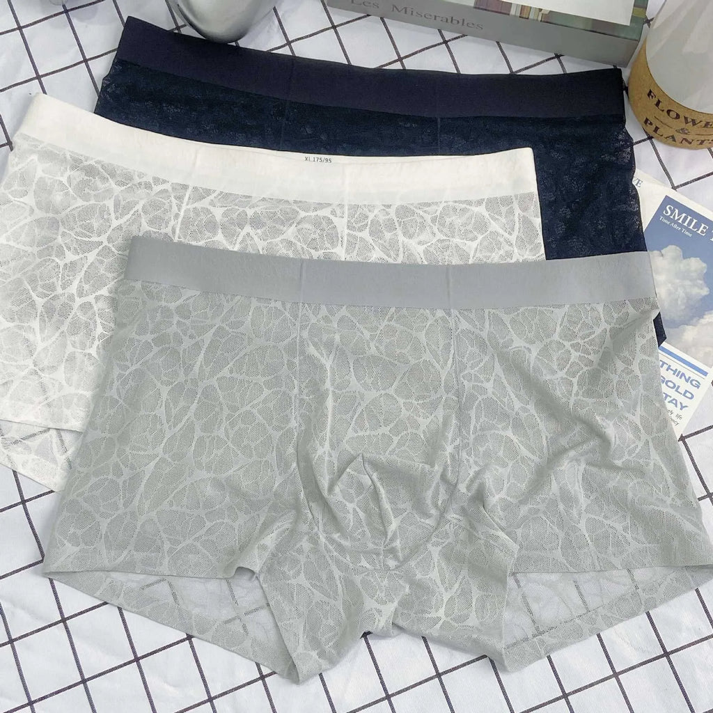Men's thin lace leopard jacquard underwear in nylon, shown in one of five colours including matcha green.